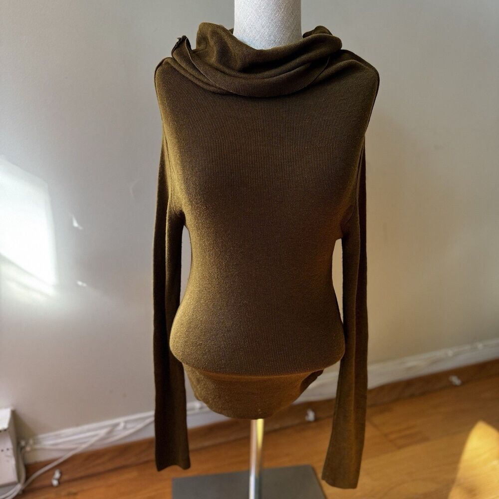 Zara Women’s 100% Wool Ribbed Knit Cowl Neck Stretchy Sweater Dark Olive Green M